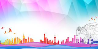 紫色蓝色小清新活力城市剪影五四青年节展板背景